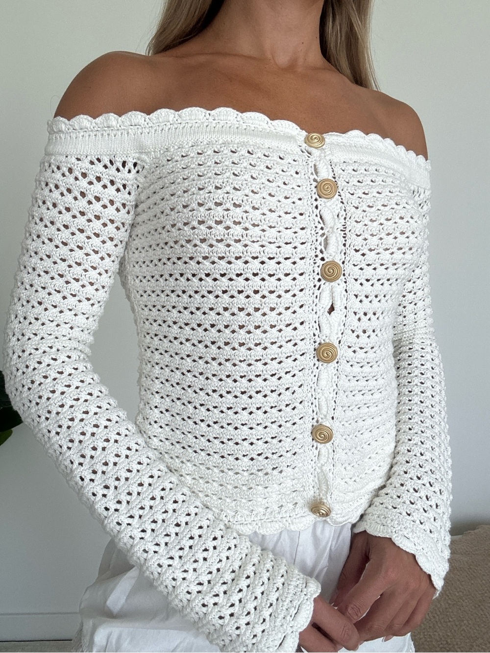 Majorelle Off-Shoulder White Crochet Button-Front Sweater